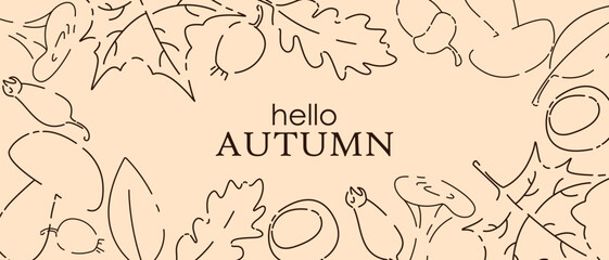 Hello autumn. Autumn background with mushrooms, leaves, berries. Vector illustration.