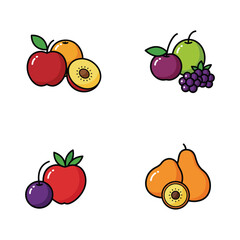 Cute Fruit Icons Set with Apples Pears Plums and Grapes