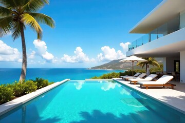 Luxury villa with private pool, sun loungers, and stunning ocean views Perfect for a relaxing getaway Enjoy the tranquil ambiance and breathtaking scenery , waterfront, coast, escape