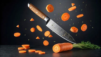 A sharp knife slicing through carrots with slices floating in the air on a dark background