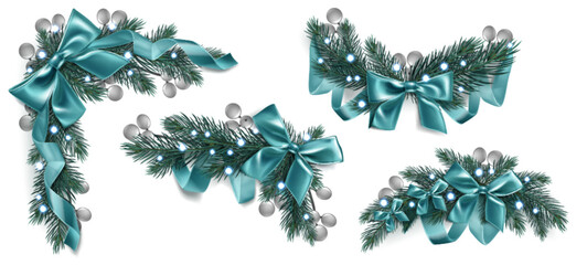 Christmas garland compositions with turquoise silk bows decorating pine tree branches - corner, horizontal swag and ornamental arrangements with blue led lights for holiday decoration designs.