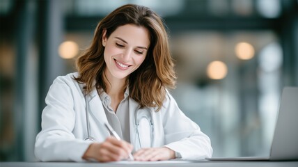 Female doctor writing medical notes at modern clinic desk with stethoscope