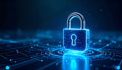 A glowing digital padlock symbolizes cybersecurity and data protection, set against a futuristic background with abstract connections