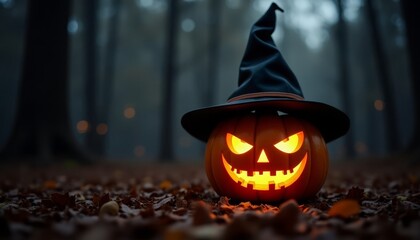 A Halloween pumpkin with glowing eyes and a sinister grin in a witch's hat at night in a dark forest among trees, spiders. 