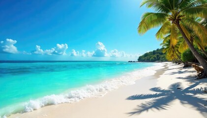 Obraz premium Vibrant turquoise ocean waves crashing on a white sand beach, sunny skies overhead, palm trees swaying gently in the breeze Perfect escape, relaxation, vacation vibes , sunny, idyllic