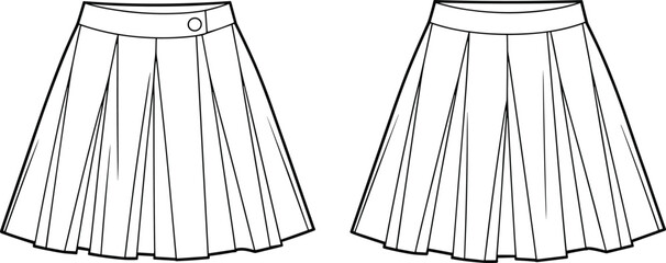 Pleated skirt flat sketch, front and back view, fashion cad drawing, waistband detail, technical vector illustration, clothing design template