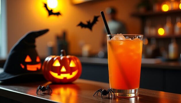 A bright orange cocktail on the bar in a cafe decorated for Halloween. Black and orange balloons. Pumpkin in a witch's hat, bats.A bright orange cocktail on the bar in a cafe decorated for Halloween. 
