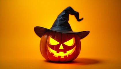 A Halloween pumpkin with glowing eyes and a sinister grin in a witch's hat on an orange background, a place for text.