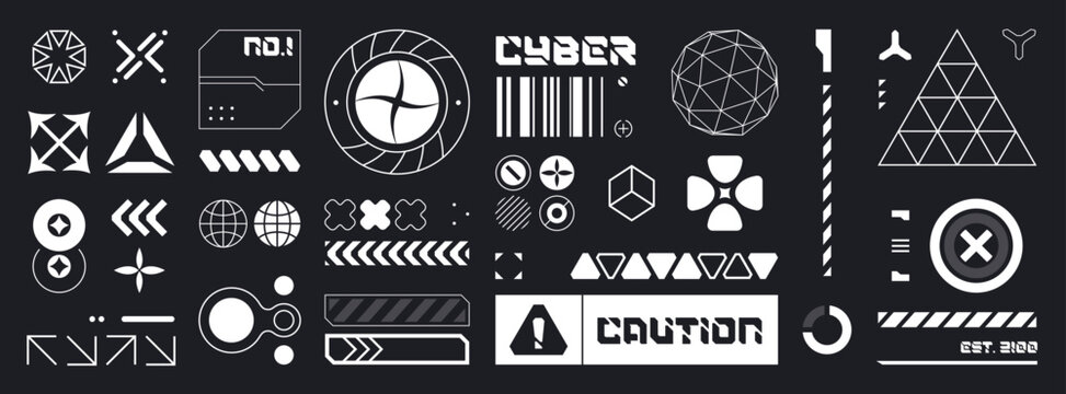 White cyberpunk HUD icons on black background - futuristic interface elements with geometric symbols, warning signs, loading bars and tech patterns. Digital UI kit for cyber displays data graphics.