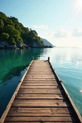 Fototapeta premium Tranquil scene of a wooden dock extending over calm waters towards a serene shore, bathed in soft sunlight , harbor, serene, summer