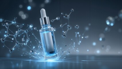 Blue serum dropper bottle with molecular structures floating holographically surrounded by glowing light particles futuristic scientific background concept