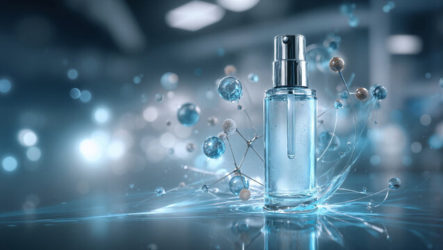 Clear glass cosmetic spray bottle with blue liquid surrounded by scientific molecular structures on shiny reflective surface with blue and white bokeh lights background - Powered by Adobe