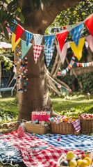A delightful outdoor picnic scene with colorful bunting, food, and a festive atmosphere for celebration