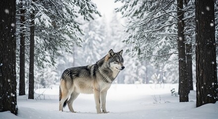 Obraz premium A majestic wolf stands in a snowy forest surrounded by snow covered trees on a winter day