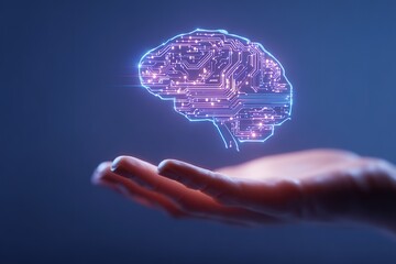 Glowing Neon Brain-Shaped Circuit Board Floating Above a Futuristic Hand, Symbolizing Artificial Intelligence and Neural Networks, on Dark Blue Gradient Background with Copy Space