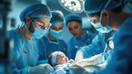 Doctors assisting a woman during childbirth in a sterile operating room environment, showing teamwork, medical care, and emotional moment of baby delivery with copy space