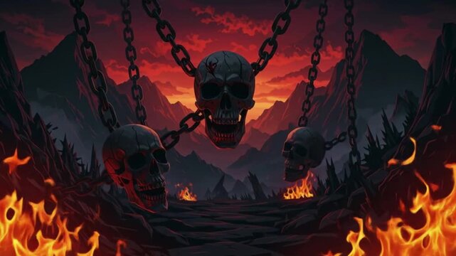 Three chained skulls over burning bridge at sunset in mountains	