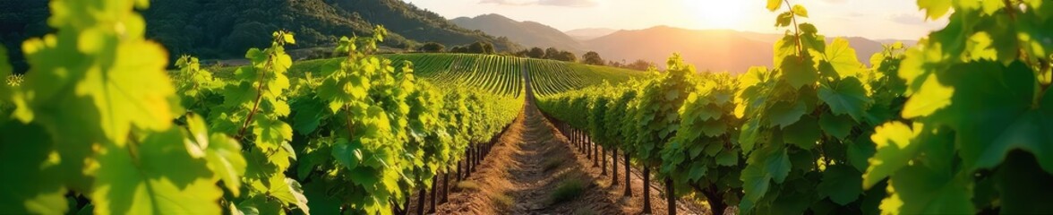 Naklejka premium Rows of lush green grapevines stretch across a sun-drenched hillside, ready for harvest The perfect image for wine country, vineyard tours, and winemaking promotions , vine, cultivation