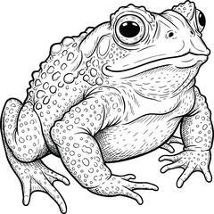 Naklejka premium Detailed line art illustration of a warty toad sitting with a neutral expression in black and white showing its textured skin