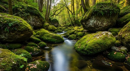 Lush green moss covered boulders line a serene forest stream with sunlight filtering through trees