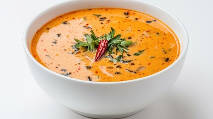Thai coconut soup in a white bowl, freeze motion with herbs and chili mid-air, creamy white and red tones,