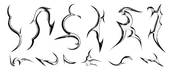 Naklejka na ściany i meble Tribal y2k metal tattoo designs with sharp gothic elements for body art and decorative graphics. Abstract black flame patterns with edgy aesthetic style. Modern metalcore vector illustrations.