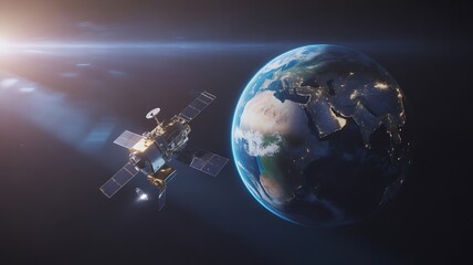 Space satellite orbiting planet Earth with bright sun flare in dark sky image