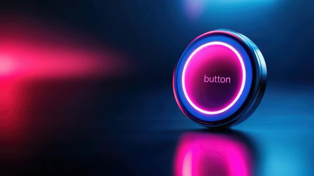 Glowing circular button with futuristic neon lights on dark background