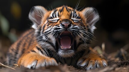 Obraz premium Adorable tiger cub yawning playfully in its cozy habitat