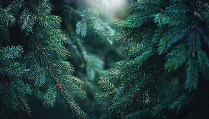 Close up of lush green pine tree branches with needles. Nice fir branches. Close up. Wonderful background for your text. Christmas decoration. Winter holidays mood of Christmas tree branches.