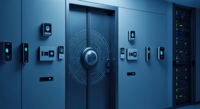 Server room door featuring advanced security systems and access control, including fingerprint scanners, keypads, card readers, and a digital lock, safeguarding big data in a modern data center