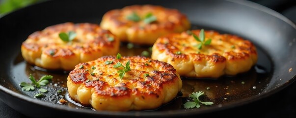 Golden-brown pancake-shaped pork patties sizzling on a griddle, seasoned with herbs and spices, ready to be served  Perfect for a unique breakfast or brunch dish , herb, delicious