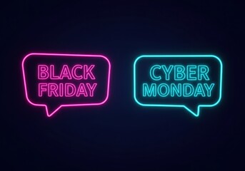 Neon signs displaying black friday and cyber monday promotions sale
