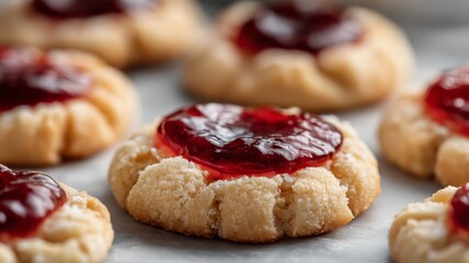Cookies with a buttery texture and a bright red jam center await to be tasted and enjoyed.