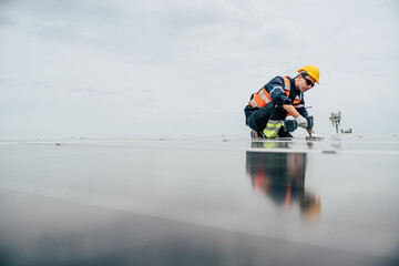 Technician working diligently on solar panel installation at a renewable energy site during an overcast day
