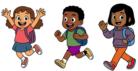 Back to school cartoon illustrations with Playful illustration of school kids in motion, dressed in bright clothes and carrying bags