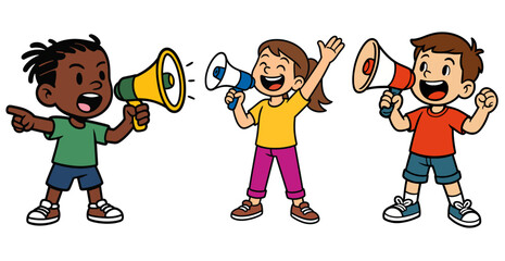 Animated kids in green, yellow, and red shirts shouting into megaphones with enthusiasm