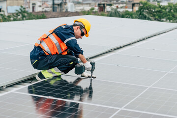 Solar panel installer works diligently on rooftop in urban environment during daytime