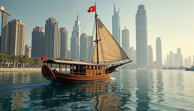 Traditional wooden dhow sailboat with beige sails contrasting modern Dubai skyline background