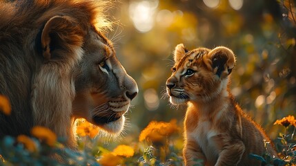 Majestic lion cub gazing up at loving mother in vibrant autumn setting