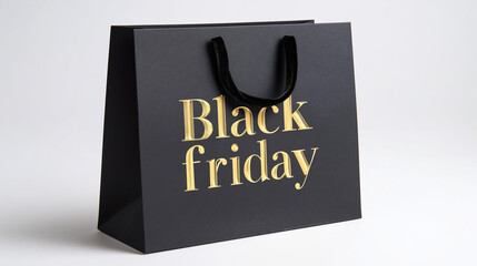 black laminated cardboard bag with beautiful velvet handles, on the bag the inscription black friday in gold, white background 