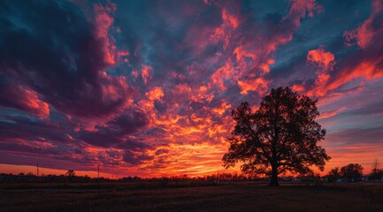 Fototapeta premium Fiery sunset colors paint the sky above a solitary tree in a field