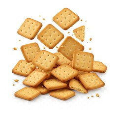 Pile of Golden Square Crackers on White Background Delicious Snack Food Photography