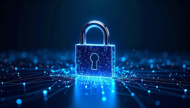 A glowing digital padlock surrounded by a network of interconnected particles, symbolizing cybersecurity and data protection