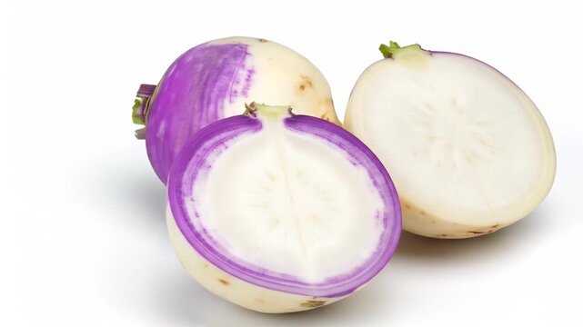 Two sliced purple-skinned turnips