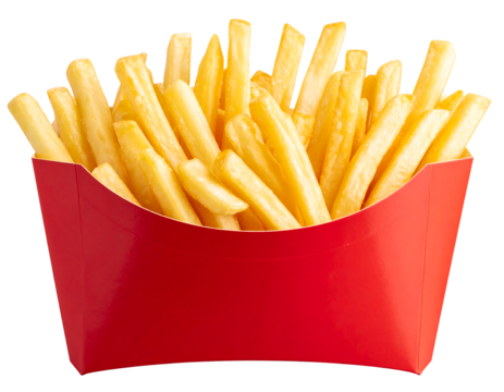 A red cardboard container overflowing with golden, crispy French fries isolated on transparent background.