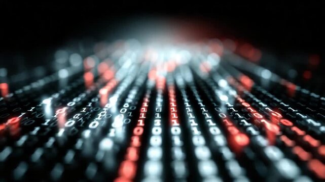 A digital abstract with blurred lights and a stream of binary code, with a red glow highlighting specific data points