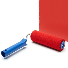 Red Paint Roller with Blue Handle Applying Color on a White Background Studio Shot