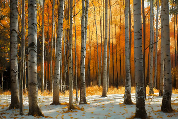 Obraz premium Birch tree forest in autumn with early snowfall