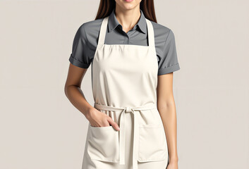Young woman wearing an apron over a white shirt smiling and posing confidently in a casual studio setting. Mockup apron.